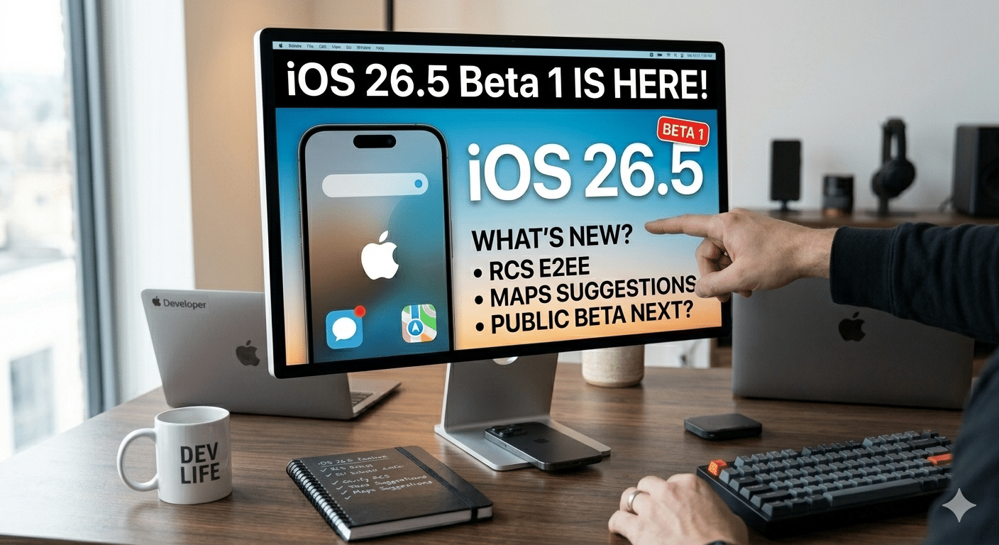An editorial image showing an Apple monitor with a headline about iOS 26.5 Beta 1 release, featuring RCS E2EE and Maps suggestions on a professional desk setup.