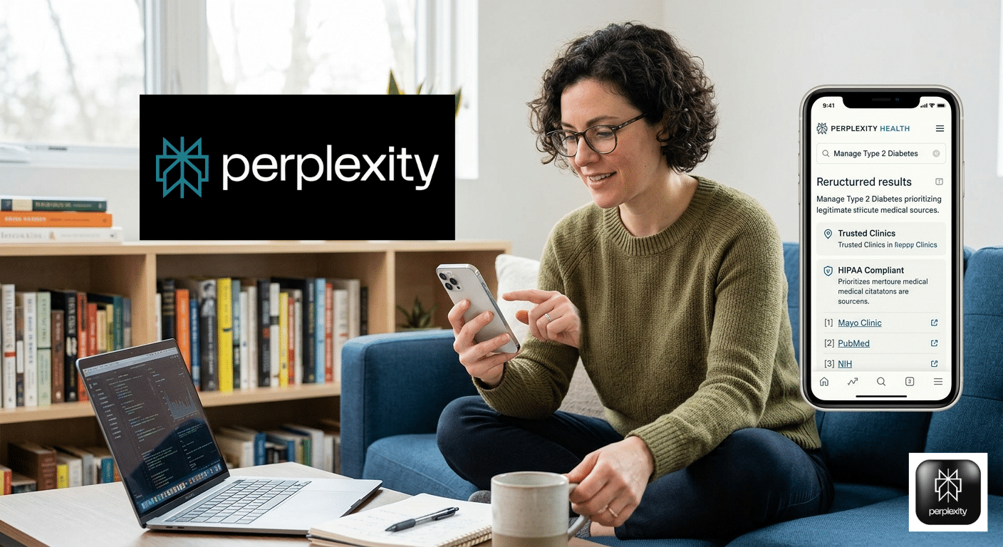 A woman sitting on a blue sofa using a smartphone to access Perplexity Health , showing a structured medical search result with citations from Mayo Clinic and NIH