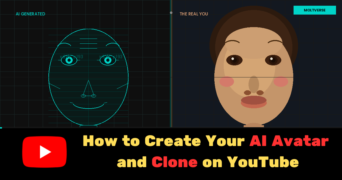 Editorial featured image showing a split-screen illustration — a cyan wireframe AI face on the left labeled 'AI Generated' and a warm illustrated human face on the right labeled 'The Real You,' with the title 'How to Create Your AI Avatar on YouTube' displayed in bold text at the bottom.